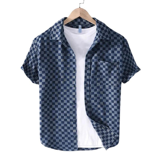 Short-Sleeve Checkered Lightweight Cotton Denim Shirt