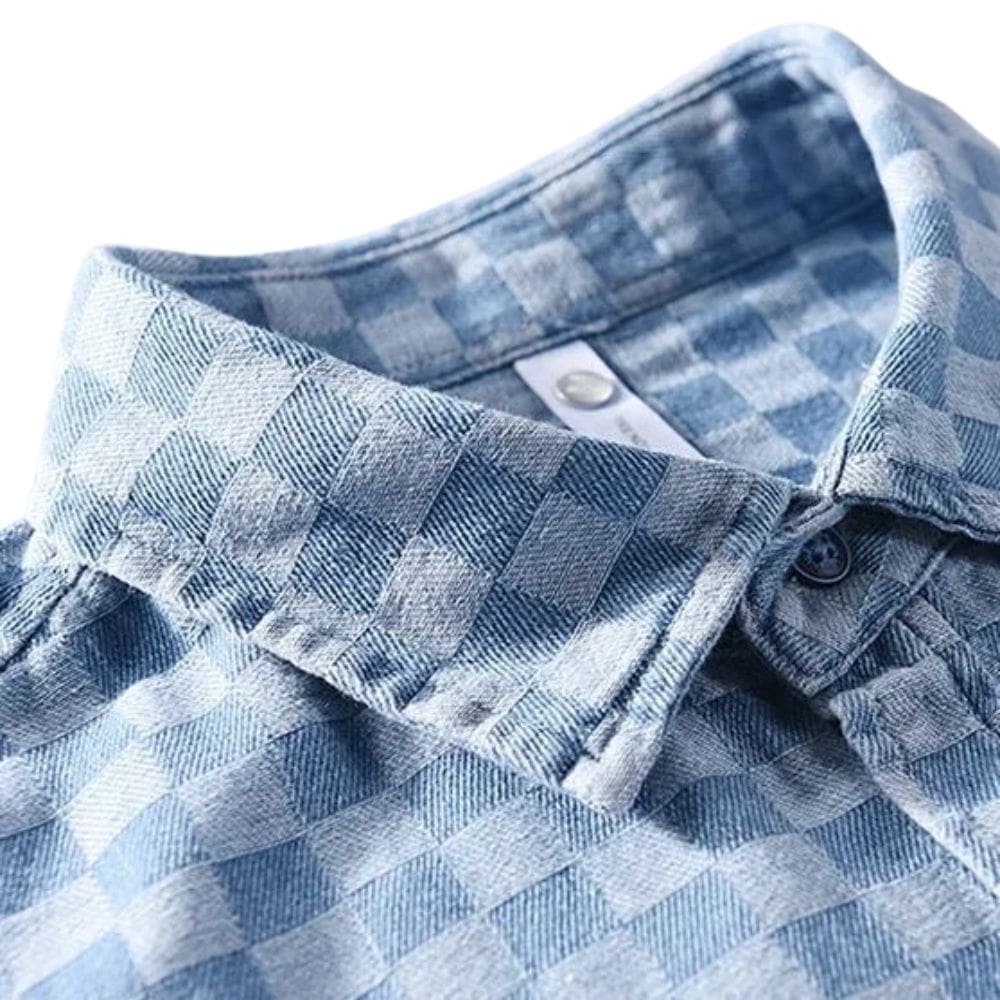 Short-Sleeve Checkered Lightweight Cotton Denim Shirt