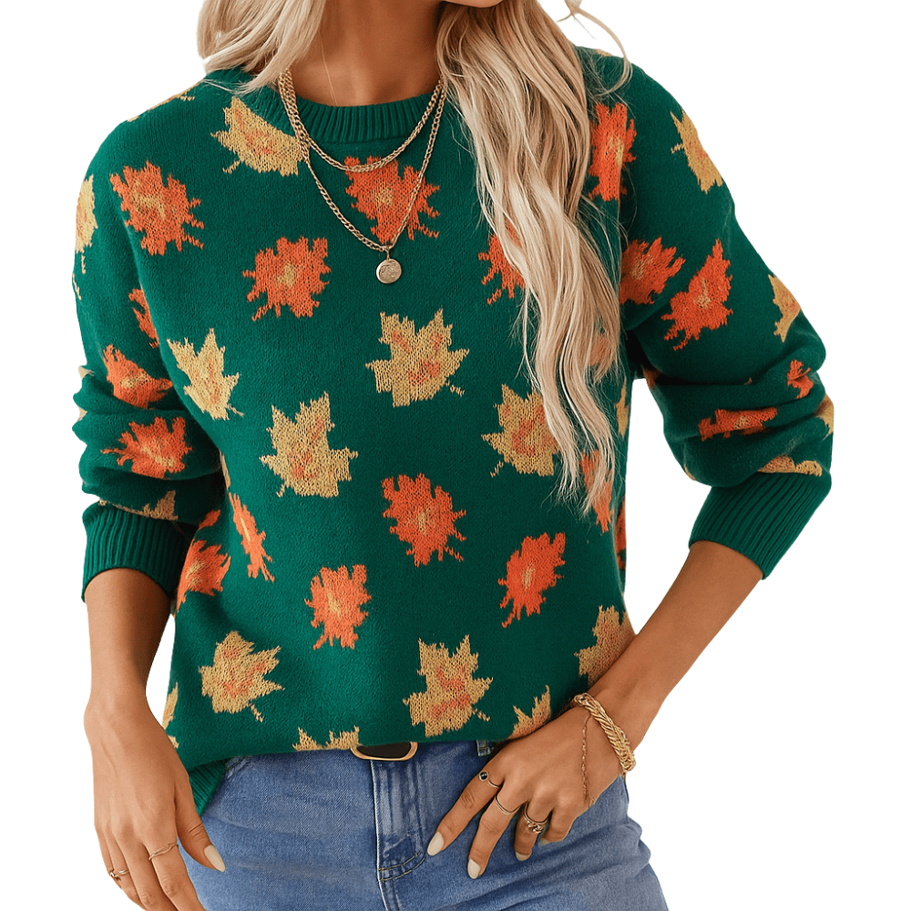 Women's Round Neckline Fall Leaf Pullover Sweater