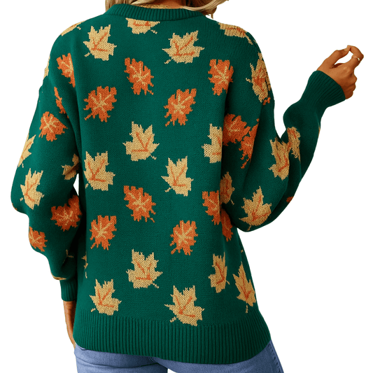 Women's Round Neckline Fall Leaf Pullover Sweater