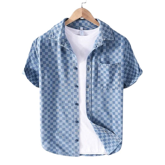 Short-Sleeve Checkered Lightweight Cotton Denim Shirt