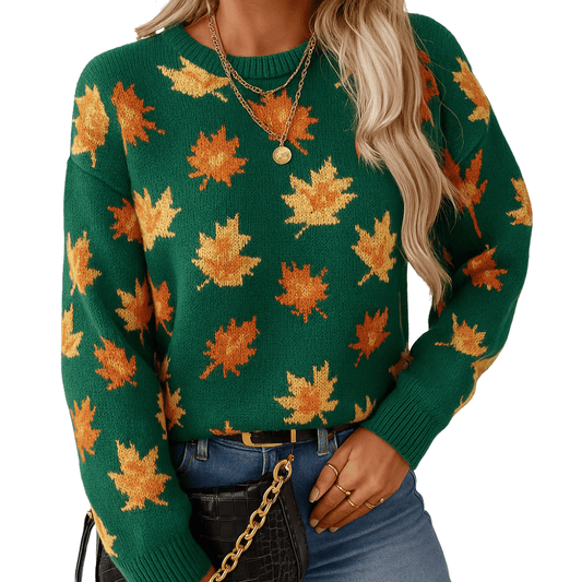 Women's Round Neckline Fall Leaf Pullover Sweater